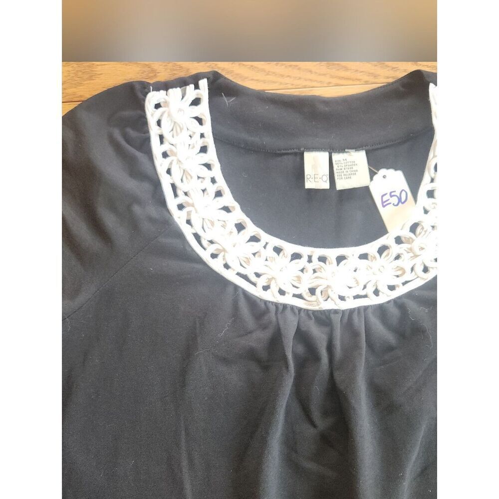 E50 REQ Women's Black dressy Top with White Crocheted Neckline sorry cap sleeves - Picture 2 of 9